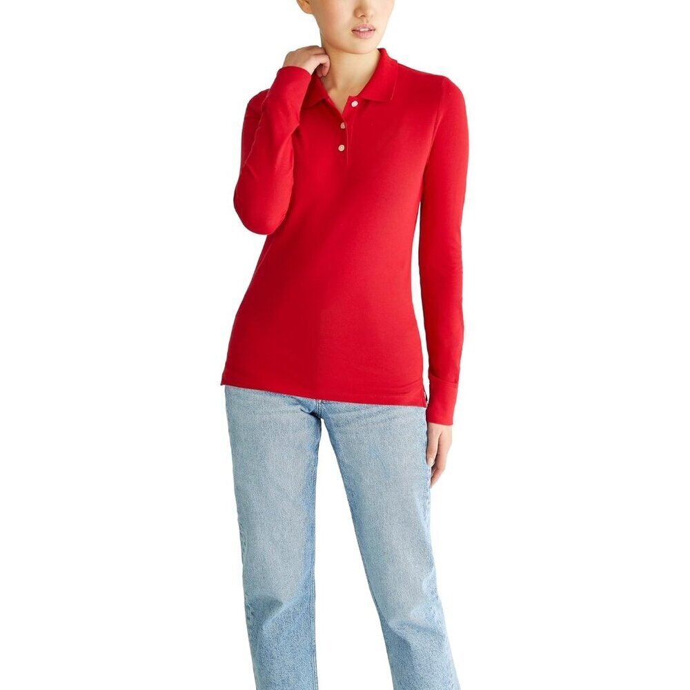 Women's Red Long Sleeve Slim Fit Piqu Polo School Uniform Classic Style